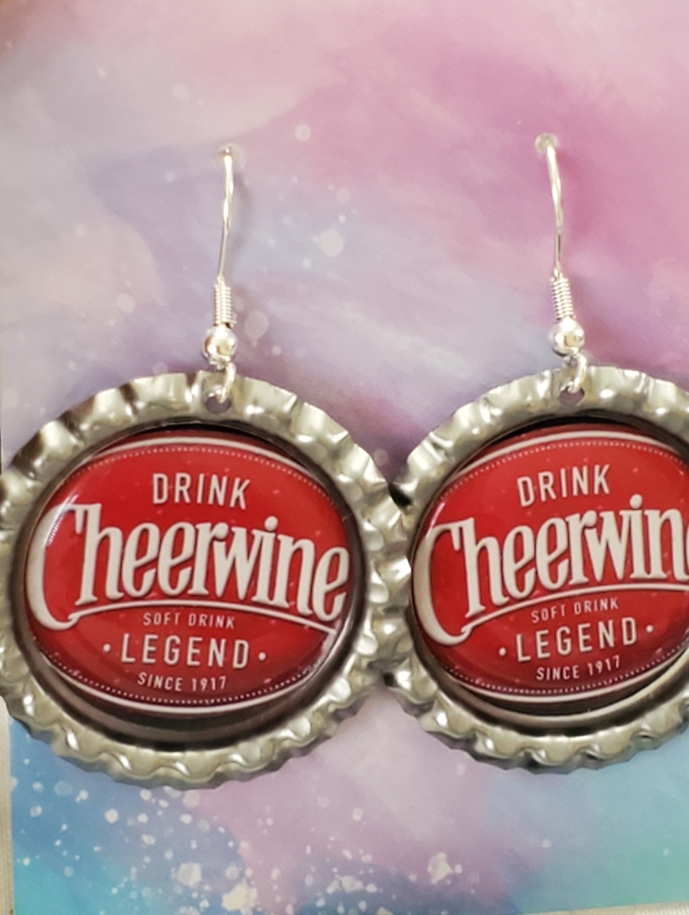 Cheerwine Drink Soda Pop bottlecap earrings silver plated hooks  Look